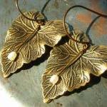 Antiqued Brass Leaf Earrings, Pearl And Leaves,..