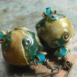 Caribbean Blue Earrings With Antiqued Brass Deep..