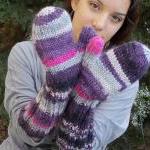 Extra Long Mittens Purple Grey Gray Hand Knitted..