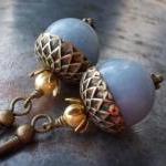 Angel Blue Acorn Earrings Beaded Oxidized Antiqued..