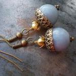 Angel Blue Acorn Earrings Beaded Oxidized Antiqued..