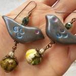 Blue Birds And Pumpkins Earrings, Handmade Polymer..