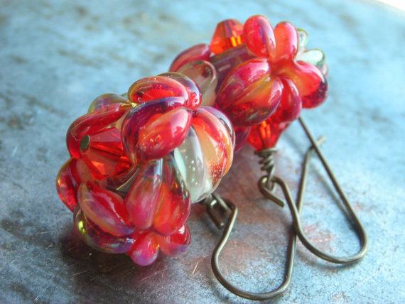 Glass Flower Earrings, Handmade Artist Lampwork Beads Fuchsia Red And Blue Water Opal Crystals Oxidized Solid Brass Floral Earrings