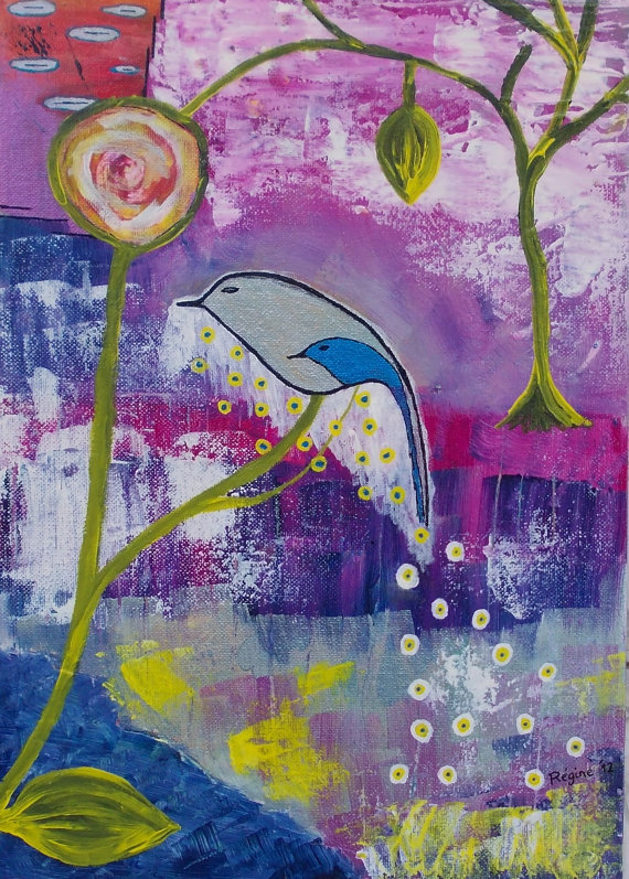 Original, Linked Souls, Bird And Tree Painting Mixed Media Acrylic Modern Painting Drawing Mother And Child Flower Leaf Purple Pink Green