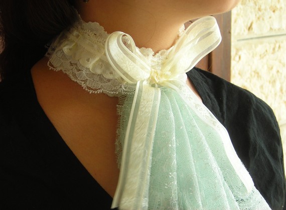 Victorian Collar, Adjustable Gothic Steampunk Neo Renaissance Romantic Necktie Pastel Blue And Cream, Lace Satin And Ribbons