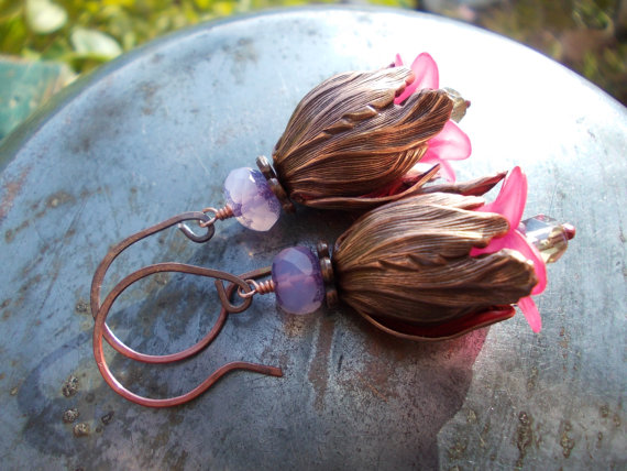 Copper Tulip Earrings, Long Romantic Bell Flower Earrings, Beaded Lavender Purple And Fuchsia Pink Chic Vintage Style
