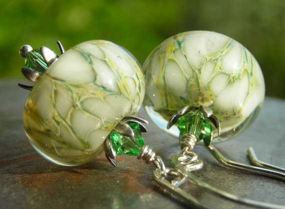 Jonquil On Snow, Handmade Artist Lampwork Beads Earrings, Peridot Swarovski Crystals, Handforged Hammered Sterling Silver, Green White