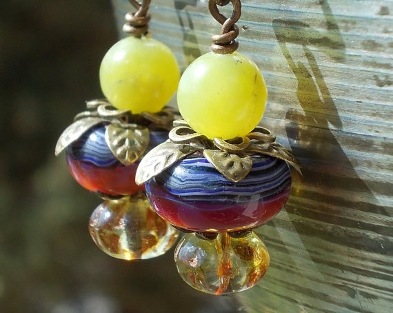 Exotic Berries Earrings, Olive Jade Handmade Artist Lampwork Beads Czech Glass Antiqued Brass Fruit Jungle Leaves