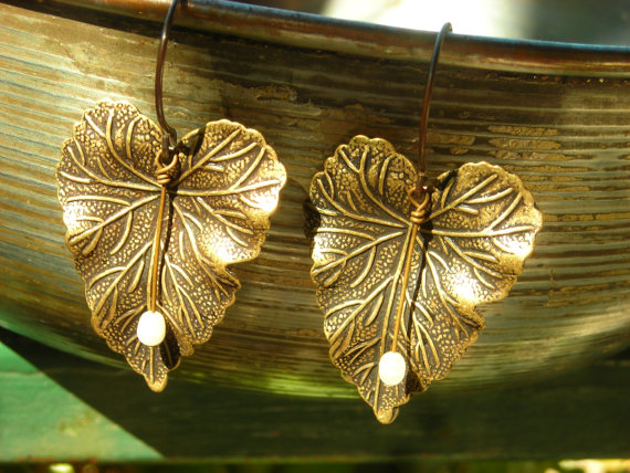 Antiqued Brass Leaf Earrings, Pearl And Leaves, Oxidized Brass Leaves And Fresh Water Pearls, Vintage Finish Earrings Inspired By Nature