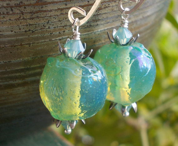 Pacific Waters, Silver Blue Green Ethereal Earrings Artist Lampwork Glass Beads Aqua Ocean Sea Mermaid Jewels