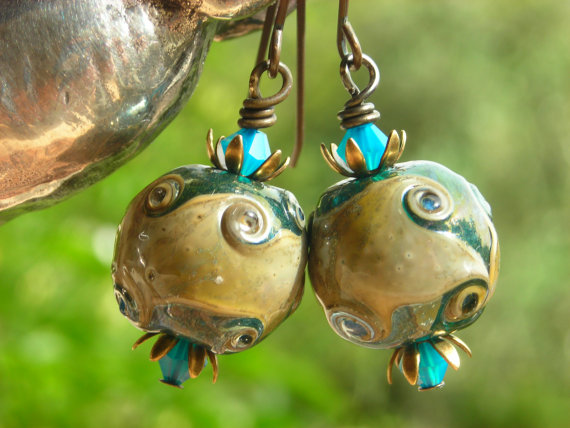 Caribbean Blue Earrings With Antiqued Brass Deep Ocean Waves And Reef Artist Lampwork Beads Crystals And Brass Earrings