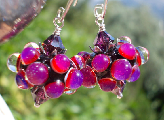 Bubblegum, Glass Earrings, Artist Lampwork Beads Ruby Fuchsia Pink Purple Black And Amethyst Crystals Sterling Silver Floral Cottage Chic