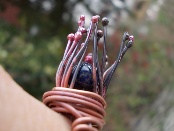 Copper Ring, Wire Wrapped Copper Lapis Lazuli Nest Rosey Patina Hand Forged Rustic Cold Connected Ancient Metal Art The Primitive Line