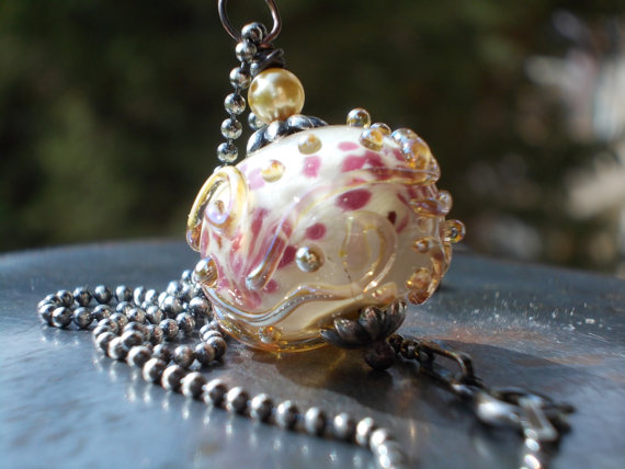 Rose Necklace Artist Lampwork Bead Victorian Oxidized Sterling Silver Chain Floral Pendant Pink Petals Yellow Opal Dots Swirls Bridal