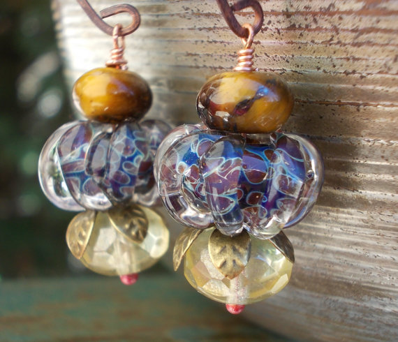 Tiger Pumpkin Earrings, Artist Lampwork Glass Beads, Handforged Copper, Natural Tigers Eye Gemstones, Jungle Fruit Berry, Earthy Rustic