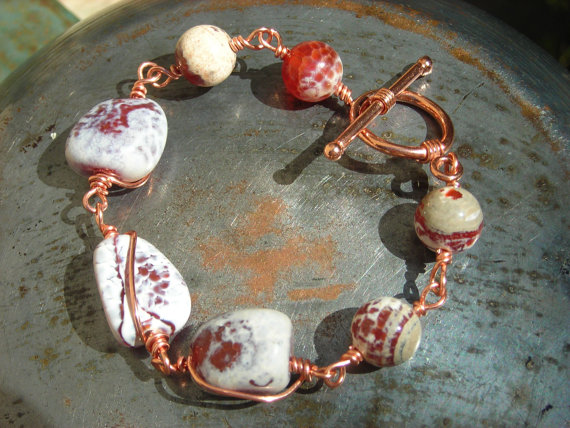 Fire Agate And Copper Beaded Bracelet Wirework Orange Red White Rustic Wirewrapped Wire Wrapped Ethnic Jewelry Tribal