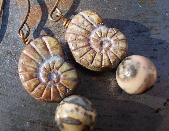 Fossil Harmony, Ammonite Earrings Nautilus Glass Beads, Fossil Jasper Gemstones, Solid Brass Primitive Prehistorical Sealife Sea Life Shell
