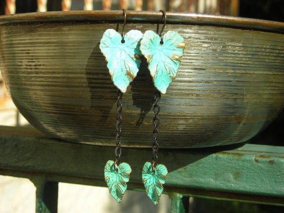 Extra Long Earrings, Verdigris On Leaves, Solid Brass With Turquoise Blue Green Patina, Vintage Finish Earrings