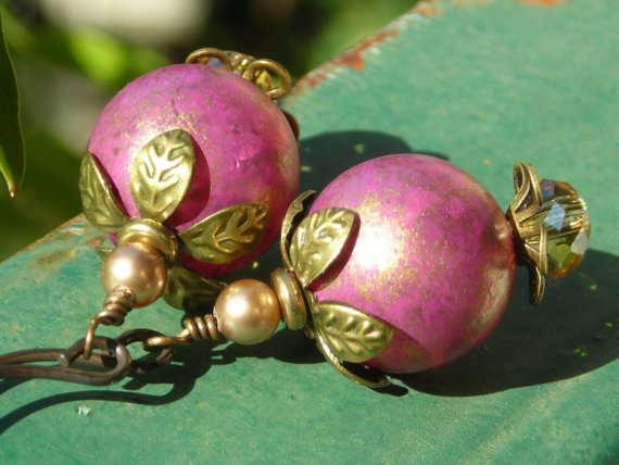 Rose Earrings, Vintage Bead Earrings Vintage Lucite Bead Earrings Plum Pink Lucite Beads Citrine Yellow Crystals And Brass Earrings