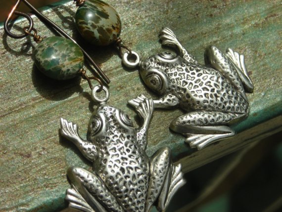 Beach Hoppers, Silver Frogs, Natural Aqua Terra Jasper Gemstone, Solid Brass, Froggie Long Animal Earrings, Steampunk Inspired By Nature