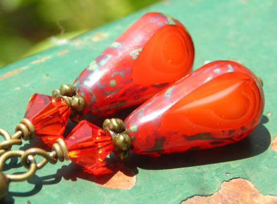 Fire Drops, Pumpkin Orange Czech Glass Beads And Fire Color Red Swarovski Crystals, Antiqued Brass Earrings