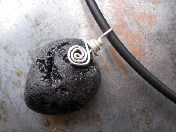 Meteorite Impact Tektite Stone Necklace Powerful Amulet Talisman Pendant Unisex Natural Gemstone Black Rubber Sterling Silver Necklace