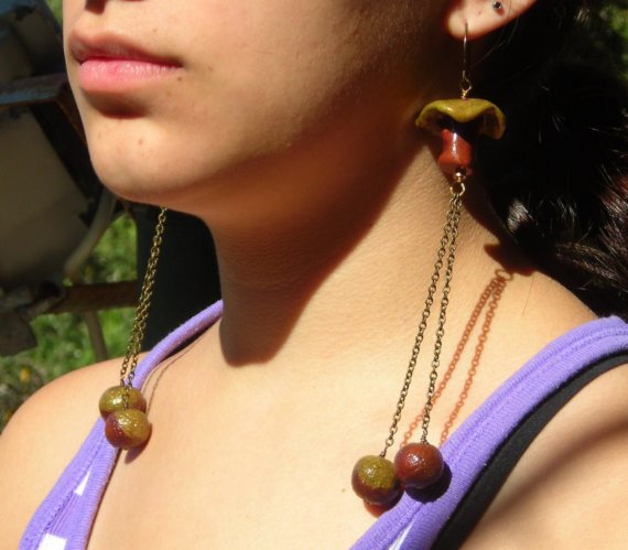 Mushroom Eggs, Extra Long Earrings Nature Inspired, Wild Forest Woods, Organic Handmade Polymer Clay Beads And Brass, Chain Earrings