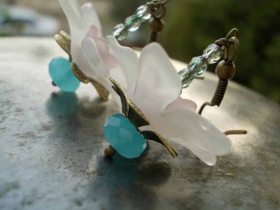Water Lily Flower Earrings Lucite Flowers Czech Glass Beads Antique Brass Blue Quartz Pink Rose White Turquoise Water Pond Lilly