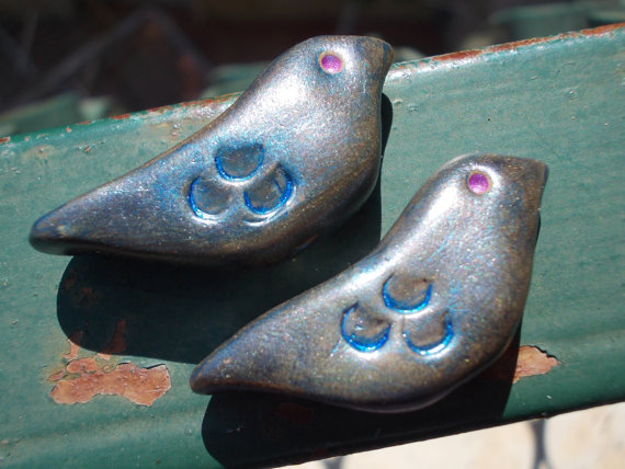 Love Bird Handmade Bead Pair, Polymer Clay Beads, Primitive Art, Handmade Jewelry Supplies, Metallic Bronze Blue