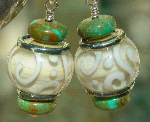 Turquoise Lace, Lantern Earrings, Handmade Artist Lampwork Beads On Handforged Sterling Silver Wires, With Natural Turquoise