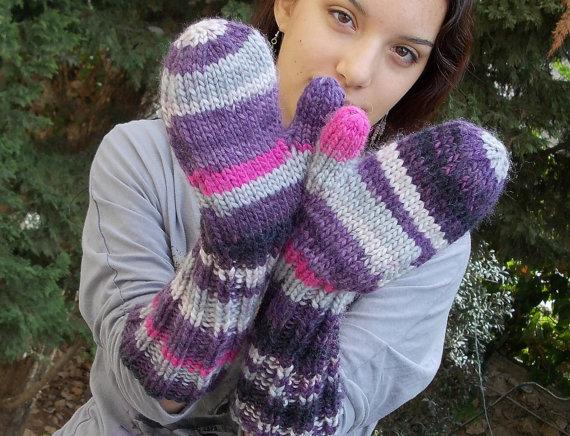 Extra Long Mittens Purple Grey Gray Hand Knitted Gloves Warm Bulky Wool Chunky Yarn Wrist Arm Warmer Gauntlets Soft Fluffy Organic