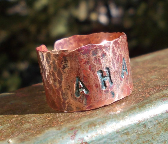 Ahava Copper Handforged Patina Rustic Ring Love Stamped Hebrew Word Thumb Unisex Metal Art Primitive