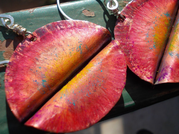Copper And Sterling Silver Earrings Organic Leaves Handforged Fold Formed Colored Copper Leaf, The Primitive Line, Ancient Metal Art
