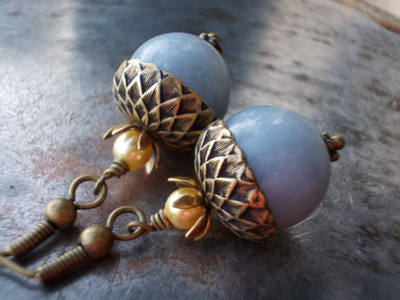 Angel Blue Acorn Earrings Beaded Oxidized Antiqued Brass And Natural Angelite Gemstone Beads Nature Inspired Vintage Chic Jewelry
