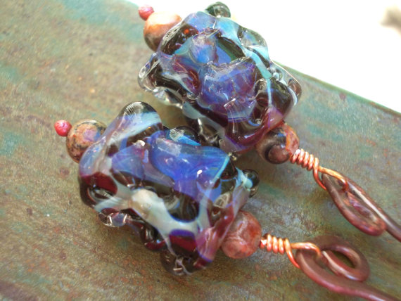 Ice Drops, Long Earrings Handmade Artist Lampwork Glass Beads Rustic Handforged Solid Copper Primitive Slender Ancient Metal Art Unisex