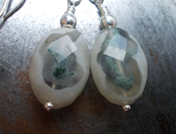 Solar Quartz, Rare Natural Stone, Silver Jewelry, Earrings, Nature Moss Landscape, Zen Gemstone And Sterling Silver Earrings